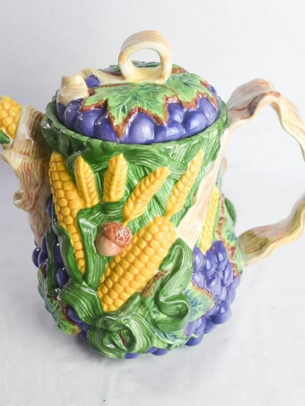 Flowers Inc Balloons Fall Harvest Ceramic Teapot Majolica Corn Grapes Pumpkin